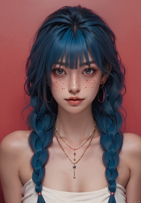 1 girl, solo, long hair, bangs, bare shoulders, jewelry, closed mouth, blue hair, braids, earrings, necklace, pink eyes, character name, double braids, asymmetrical bangs, freckles, sunscreen, full body, bad luck (Legendary League)