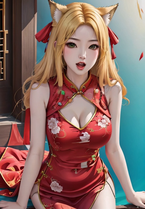  cheongsam,1girl, solo, long hair, breasts, looking at viewer, open mouth, blonde hair, large breasts, dress, animal ears,
green eyes, sleeveless, gradient,
Chinese cheongsam,
gradient background, no panties, chinese clothes, red dress, china dress, sideslit
, yunqing