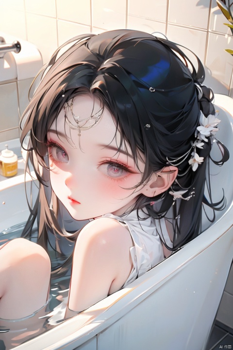 High quality, bathroom lighting, foggy, partially clear, partially blurry, 8k
1 girl lying in the bathtub, water over her ears, exposed, double eyelids, above her shoulders, close-up of her face