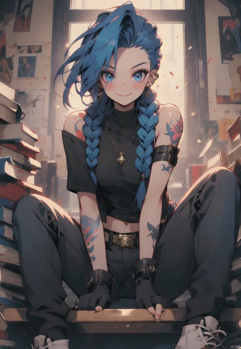 1girl, solo, long hair, looking at viewer, smile, bangs, blue eyes, gloves, bare shoulders, jewelry, sitting, closed mouth, blue hair, braid, black gloves, belt, pants, fingerless gloves, twin braids, book, black shirt, tattoo, piercing, black belt, asymmetrical bangs, arm tattoo, shoulder tattoo, book stack, jinx \(league of legends\)