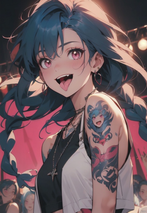 1 girl, singing solo, with long hair, looking at the audience, laughing, mouth open, upper teeth, bangs, bare shoulders, jewelry, mouth closed, blue hair, upper body, braids, earrings, necklace, artist name, pink eyes, necklace, character name, double braids, short top, tattoo, chain, black choke, asymmetrical bangs, arm tattoo, shoulder tattoo, bad luck \ (Legendary League \)