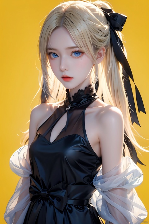  masterpiece,1girl,solo,looking at viewer,bangs,blonde hair,simple background,dress,ribbon,bare shoulders,hair ribbon,yellow eyes,braid,sidelocks,small breasts,black gloves,elbow gloves,hair bun,black ribbon,sleeveless dress,single hair bun,yellow background,french braid,lolita fashion,black border,artoria pendragon \(fate\),saber,, artoria pendragon \(fate\), caiyi, qianrenxue, yunqing,blue eyes