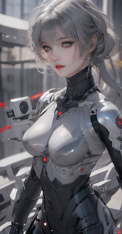 1girl, solo, breasts, looking at viewer, short hair, upper body, white hair, parted lips, blurry, lips, grey eyes, bodysuit, science fiction, realistic