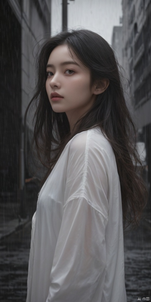 1girl,Cloudy, rainy,long hair,dark theme, soothing tones, muted colors, high contrast, (natural skin texture, hyperrealism, soft light, sharp),night, city, heavy rain, Wet hair,looking at viewer,dutefenwei1.0