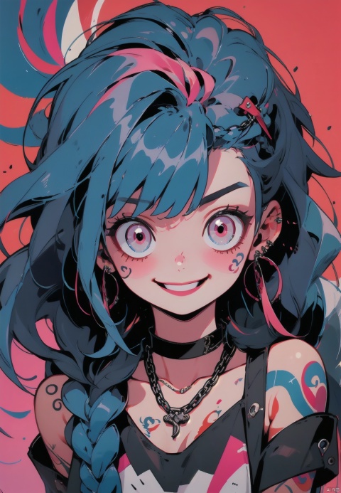  1girl, solo, long hair, looking at viewer, smile, bangs, bare shoulders, jewelry, closed mouth, blue hair, upper body, braid, earrings, choker, artist name, pink eyes, necklace, character name, twin braids, crop top, tattoo, chain, black choker, asymmetrical bangs, arm tattoo, shoulder tattoo, jinx \(league of legends\), BJ_Violent_graffiti