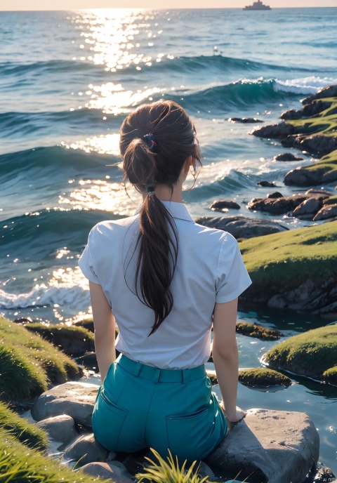  1girl,solo, long hair, brown hair, shirt,

sitting, white shirt, ponytail, male focus, outdoors, pants, water, from behind, ocean, grass, girl