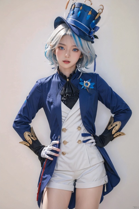  standing, hand on hip, looking at viewer, fln, 1girl, blue eyes, gloves, hat, white shorts, blue hair, multicolored hair, ahoge, white hair, streaked hair, yunqing