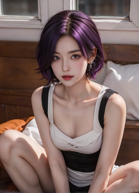  A girl with purple hair, purple eyes, short hair, hair covering one eye, one eye, earrings, maid attire, maid sitting, 1girl, yunqing