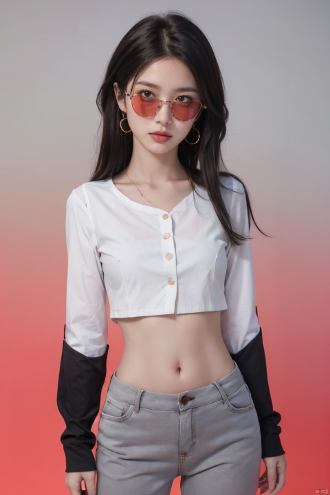  （zoom layer：1.3）,1girl, jewelry, sunglasses, earrings, solo, lipstick, black_hair, long_hair, gradient_background, gradient, makeup, red_lips, navel, lips, pants, midriff, cowboy_shot, bracelet, grey_background, black_pants, long_sleeves, blouse,harajukugirl, light girl, dundar, 1girl, yunqing, newspaper, caiyi, klee (genshin impact)