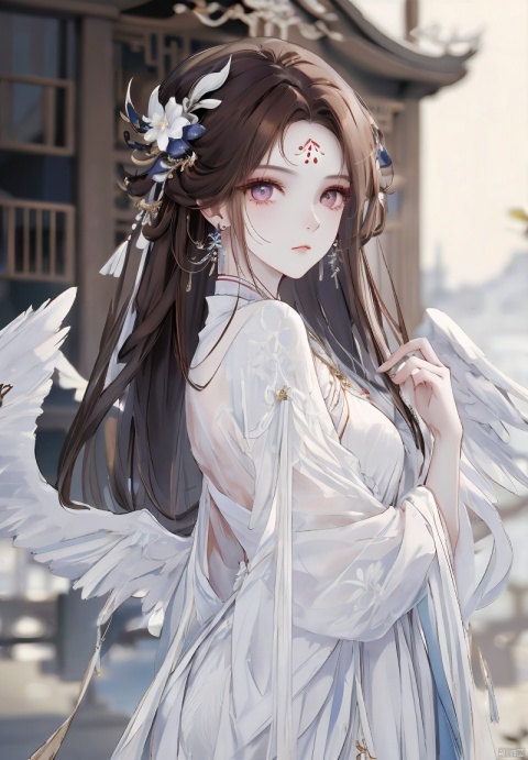  1girl, solo, long hair, looking at viewer, brown hair, hair ornament, dress, jewelry, closed mouth,
, earrings, white dress, blurry, blurry background, the whole body,
expressionless, forehead mark, houtufeng, yunqing, (\shen ming shao nv\),wings
