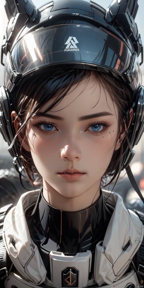 1girl, solo, looking at viewer, short hair, blue eyes, black hair, closed mouth, mole, blurry, lips, mole under eye, blurry background, helmet, portrait, science fiction, realistic