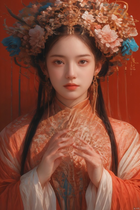 1girl, solo, long hair, looking at viewer, black hair, hair ornament, long sleeves, holding, jewelry, closed mouth, upper body, flower, earrings, indoors, hand up, hair flower, wide sleeves, nail polish, grey eyes, eyelashes, makeup, chinese clothes, lipstick, tassel, hand fan, red nails, eyeshadow, folding fan, red lips, hair stick, holding fan,dutefenwei1.0, yunqing,dundar