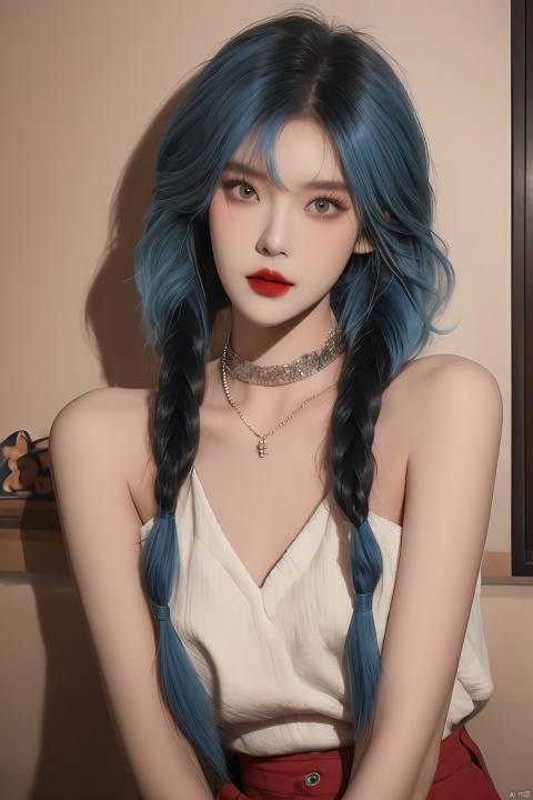 1girl, solo, long hair, looking at viewer, bangs, red eyes, bare shoulders, jewelry, blue hair, upper body, braid, parted lips, choker, indoors, necklace, twin braids, tattoo, red lips, photo background, jinx \(league of legends\), dundar