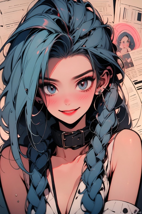 1 girl, singing solo, with long hair, looking at the audience, blushing, smiling, opening her mouth, bangs, braids, blue hair, blue eyes, shirt, bare shoulders,