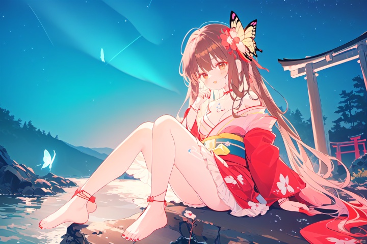 1girl,butterfly,bug,solo,bow,hair bow,breasts,brown hair,long hair,japanese clothes,hair tubes,kimono,anklet,barefoot,jewelry,nail polish,tree,hair ornament,sitting,red kimono,flower,butterfly on hand,hair flower,red eyes,sash,toenail polish,off shoulder,bangs,toenails,cleavage,wide sleeves,obi,medium breasts,bare shoulders,outdoors,night,ribbon,alternate costume,torii,long sleeves,red bow,collarbone,leg ribbon,hand on own knee,bracelet,facial mark,tattoo,frilled bow,sky,looking at viewer,very long hair,blue nails,red nails,sidelocks,bare legs,full body,blush,choker,bandages,parted lips,water,brown eyes,mountain,knee up,thighs,plant,blue butterfly,floral print,sarashi,hand up,nature,night sky,holding,smile,star (sky),lantern,feet,open kimono,frills,legs,glowing butterfly,ribbon trim,yellow ribbon,ankle ribbon,open mouth,bell,facial tattoo,short kimono,yellow bow,starry sky,scenery,forest,hair ribbon,