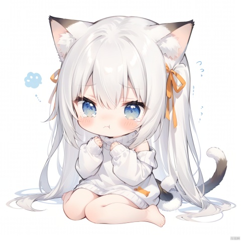  1girl, solo, long hair, blush, bangs, simple background, long sleeves, white background, ribbon, animal ears, hair between eyes, bare shoulders, sitting, very long hair, closed mouth, tail, hair ribbon, white hair, barefoot, cat ears, tears, off shoulder, chibi, sweater, cat tail, animal ear fluff, sleeves past wrists, hands up, wariza, blush stickers, trembling, cat girl, o o, :t, white sweater, off-shoulder sweater, ears down