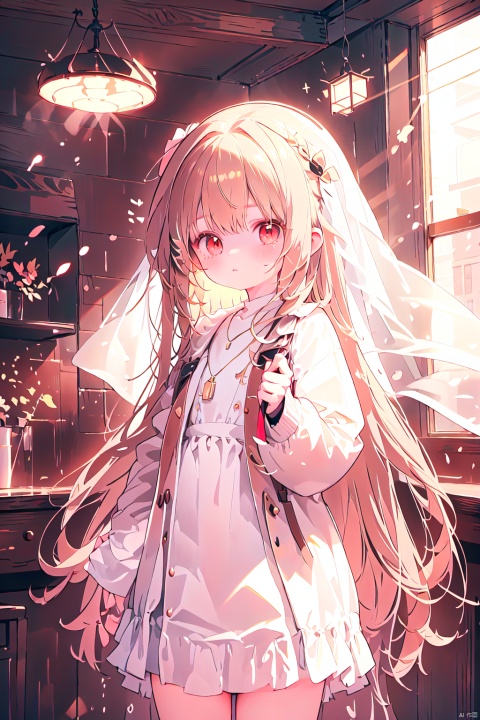  1girl, solo, jewelry, long hair, blush, natori sana, nun, red eyes, looking at viewer, necklace, habit, long sleeves, blonde hair, bangs, closed mouth, shirt tug, pointing, tears, pointing at viewer, dress, covering, embarrassed, alternate costume, light brown hair, shirt, veil, covering crotch, cowboy shot, v-shaped eyebrows, fang, brown hair