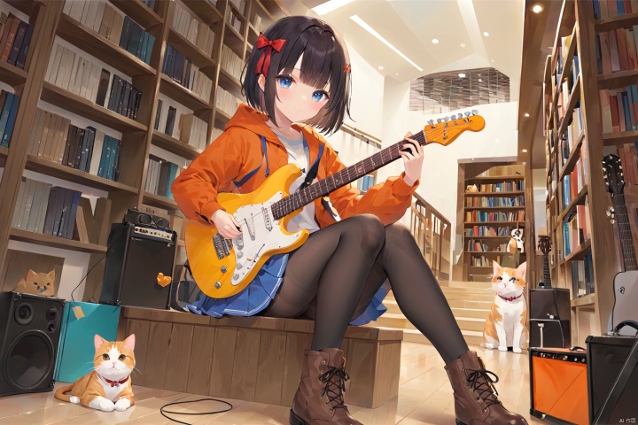 1girl, solo, looking at viewer, blush, short hair, bangs, blue eyes, skirt, shirt, black hair, hair ornament, long sleeves, bow, holding, sitting, closed mouth, jacket, hair bow, pantyhose, pleated skirt, boots, shoes, day, indoors, hood, red bow, blue skirt, black pantyhose, dutch angle, hoodie, animal, brown footwear, cat, crossed legs, hood down, instrument, hooded jacket, brown jacket, stairs, bookshelf, guitar, playing instrument, holding instrument, electric guitar