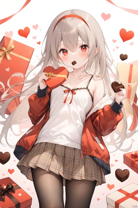  1girl, solo, long hair, breasts, looking at viewer, blush, bangs, skirt, brown hair, shirt, red eyes, long sleeves, holding, hair between eyes, bare shoulders, collarbone, jacket, white shirt, grey hair, heart, pantyhose, cowboy shot, pleated skirt, hairband, food, open clothes, off shoulder, open jacket, sleeves past wrists, plaid, plaid skirt, holding food, box, candy, red jacket, camisole, brown skirt, brown pantyhose, chocolate, valentine, heart-shaped chocolate, white camisole, box of chocolates