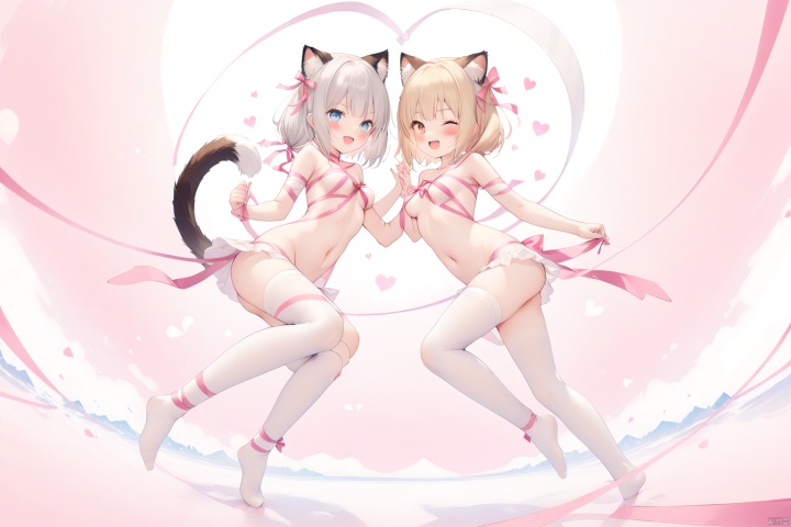 2girls,masterpiece,best quality,dutch angle,game cg,sisters,panorama,medium breasts,symmetrical_docking,cleavage,a bow on the chest,ankle_strap,eye_contact,navel,heart_background,full body ribbons BREAK
little_sister,loli,(naked ribbon,pink ribbon:1.1),blonde hair,:d,cat ears,blush BREAK
sister,(naked ribbon1.2,pink ribbon:1.1),seductive_smile,silver hair,white legwear,