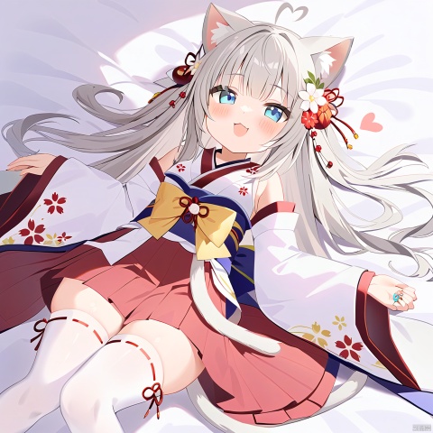  1girl, solo, long hair, looking at viewer, blush, smile, open mouth, bangs, blue eyes, hair ornament, thighhighs, long sleeves, bow, animal ears, jewelry, tail, flower, ahoge, :d, grey hair, heart, lying, japanese clothes, cat ears, hair flower, wide sleeves, kimono, white thighhighs, cat tail, animal ear fluff, ring, white bow, white flower, cat girl, tail ornament, heart ahoge