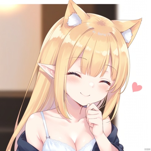  Noel,1girl,solo,breasts,closed eyes,long hair,cleavage,cat ears,blush,medium breasts,(heart:1.1),solo focus,bangs,closed mouth,collarbone,off shoulder,smile,bare shoulders,long sleeves,profile,upper_body,close-up,head up,blonde hair,(elf:0.8),(pov:1.1),(1 hand out of the picture),(hand on another's chin:1.2),cat action,dress,underwear,open clothes,blurry,hair between eyes,bra,very long hair,white bra,depth of field,white background,blurry background,face_focus,