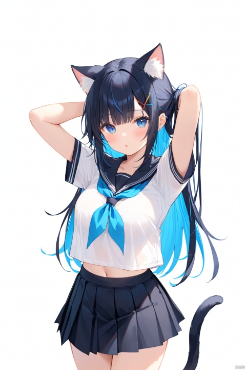 1girl,solo,animal ears,tail,cat ears,skirt,cat tail,long hair,blue eyes,navel,white background,black skirt,school uniform,looking at viewer,black hair,simple background,multicolored hair,mouth hold,short sleeves,pleated skirt,serafuku,midriff,blue hair,arms up,shirt,cat girl,sailor collar,white shirt,neckerchief,two-tone hair,crop top,colored inner hair,stomach,blue neckerchief,arms behind head,bangs,animal ear fluff,black sailor collar,very long hair,blush,ribbon,breasts,crop top overhang,open clothes,hands in hair,standing,tying hair,