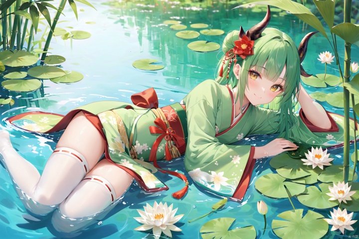  1girl, solo, long hair, looking at viewer, blush, smile, bangs, hair ornament, thighhighs, closed mouth, yellow eyes, flower, lying, japanese clothes, green hair, horns, artist name, wide sleeves, kimono, water, blurry, white thighhighs, sash, aqua hair, depth of field, on side, obi, on stomach, hand fan, dragon horns, folding fan, holding fan, bamboo, lily pad, lotus,