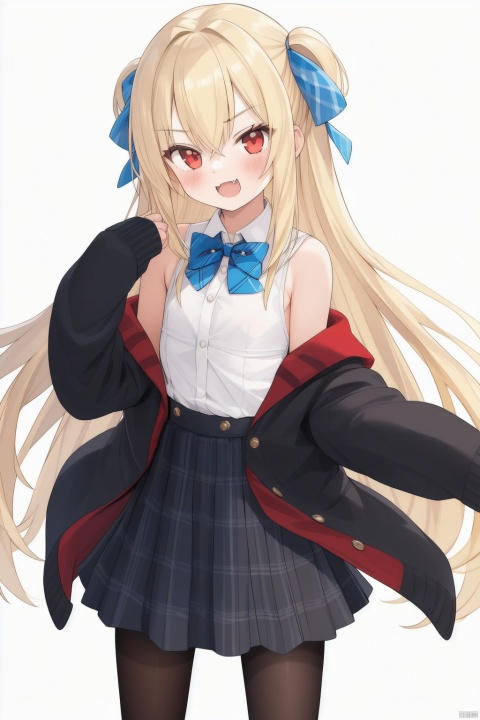  1girl, solo, flat chest, light skin, blonde hair, long hair, flat chest, red eyes, fang
black skirt, plaid, plaid skirt,oversized clothes, blue bow tie, black cardigan, sleeves past wrists, black pantyhose, onnk