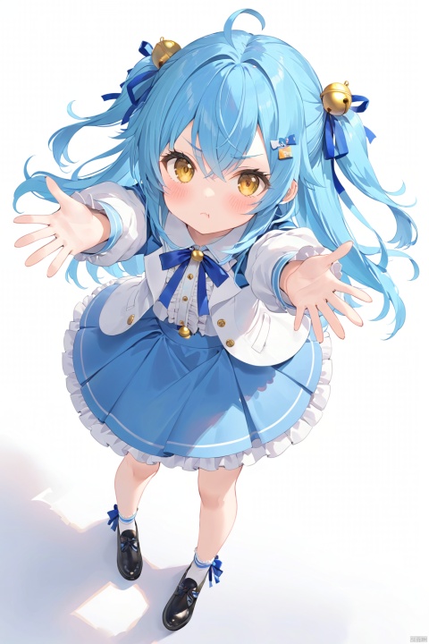  1girl, solo, long hair, looking at viewer, blush, bangs, skirt, shirt, hair ornament, long sleeves, white background, ribbon, hair between eyes, very long hair, closed mouth, blue hair, standing, jacket, full body, hair ribbon, yellow eyes, white shirt, ahoge, frills, open clothes, shoes, puffy sleeves, virtual youtuber, black footwear, open jacket, two side up, blue skirt, bell, from above, outstretched arms, aged down, blue ribbon, juliet sleeves, blue jacket, jingle bell, cropped jacket, :t, pout, hair bell