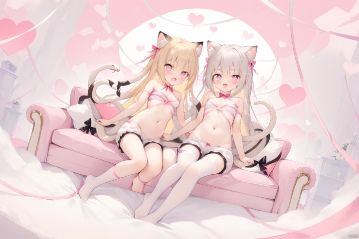 2girls,masterpiece,best quality,dutch angle,game cg,sisters,panorama,medium breasts,symmetrical_docking,cleavage,on back,a bow on the chest,ankle_strap,eye_contact,(puffy_shorts:1.2),couch,navel,heart_background,full body ribbons,BREAK 
little_sister,loli,(naked ribbon,pink ribbon:1.1),blonde hair,:d,(slit_pupils:1.1),cat ears,blush,BREAK 
sister,(naked ribbon1.2,pink ribbon:1.1),seductive_smile,silver hair,(snake_pupils:1.1),white legwear,
