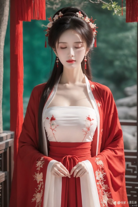  1 girls,Chinese ice crystal diamond earrings,be richly attired and heavily made-upEye shadow,blusher,Dress,chest,Plump breasts,Hanfu,(Clothing color: red),towel, veil, solo,forest_ background, closed_eyes，low-cut,transparent,A gauze fan with embroider flowers.