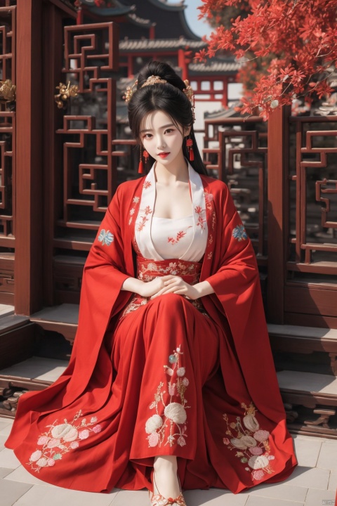 1 Hanfu girl,Diamond and red stone earrings,be richly attired and heavily made-up,(Exquisite _ Chinese-style Embroidered Shoes),chest,sitting position,Red and transparent(head _ yarn),Dew shoulder