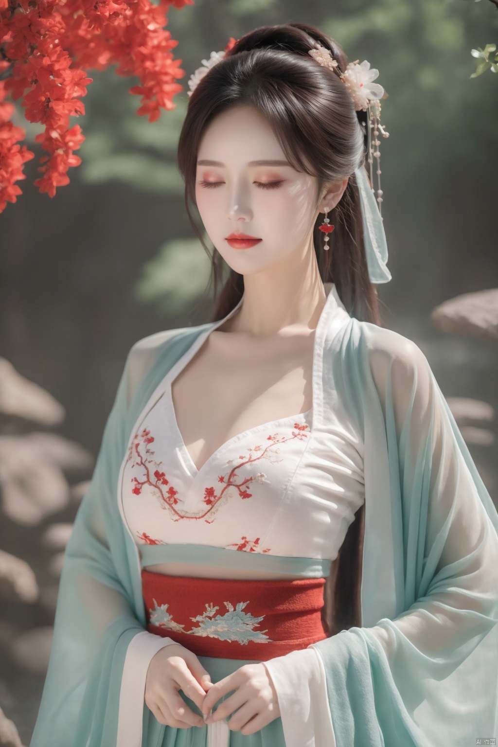  1 girls,Chinese ice crystal diamond earrings,be richly attired and heavily made-upEye shadow,blusher,Dress,chest,Plump breasts,Hanfu,(Clothing color: red),towel, veil, solo,forest_ background, closed_eyes，low-cut,transparent,Holding an embroidered yarn fan