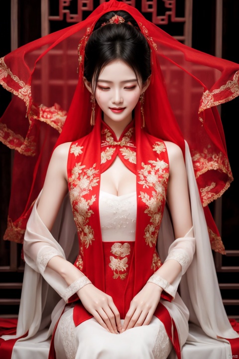  1 Hanfu bride,Diamond and red stone earrings,be richly attired and heavily made-up,(Exquisite _ Chinese-style Embroidered Shoes),chest,wedding ceremony,Dew shoulder,Small breasts,Close your eyes,Cleavage,veil,Red veil(veil covering face: 1.3),(Semen dripping on veil: 1.2)