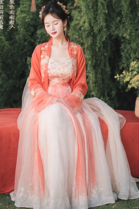  2 girls,Chinese ice crystal diamond earrings,be richly attired and heavily made-upEye shadow,blusher,Dress,chest,Plump breasts,Hanfu,(Clothing color: red),towel, veil, solo,  garden_ background, closed_eyes，low-cut,exchange kisses