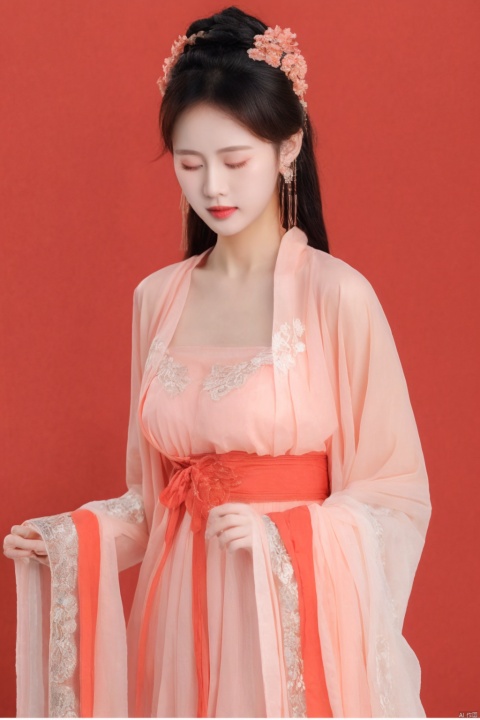  1 girls,Chinese ice crystal diamond earrings,be richly attired and heavily made-upEye shadow,blusher,Dress,chest,Plump breasts,Hanfu,(Clothing color: red),towel, veil, solo,peach blossom_ background, closed_eyes，low-cut,transparent