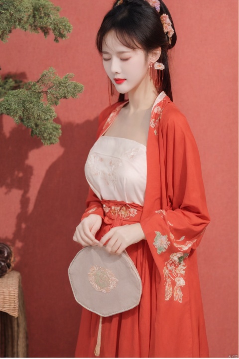 1 girls,Chinese ice crystal diamond earrings,be richly attired and heavily made-upEye shadow,blusher,Dress,chest,Plump breasts,Hanfu,(Clothing color: red),towel, veil, solo,flower_ background, closed_eyes，low-cut,transparent