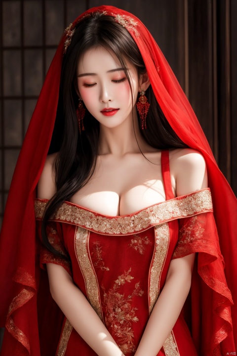  1 Hanfu bride,Diamond and red stone earrings,be richly attired and heavily made-up,chest,wedding ceremony,Dew shoulder,Small breasts,Close your eyes,Cleavage,veil,Red veil(veil covering face: 1.3),(Semen dripping on veil: 1.2)