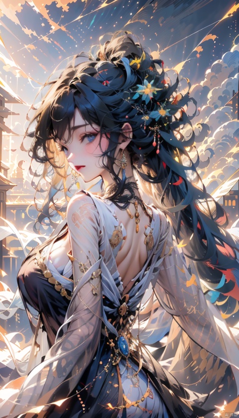 (highest resolution, distinct_image) The best quality, a woman, masterpiece, highly detailed, (semi-realistic), long black hair, long straight hair, black hair bangs, Fashionable clothes, modern,mature, cherry glossy lips, white background, close-up portrait, solid circle eyes, minimalistic, fanxing, liuli2,Official Art, Masterpiece, Sharp Focus, Exquisite Beautiful Hair and Eyes and Face, Realistic, Super Detailed, Beautiful Anime Girl, Blue Sky, Glowing White Particles, (Side Light: 1.2), Sunlight, White Clouds, Detailed Clouds, Delicate , Cute big breasts and big butt, smiling and showing teeth, ((smiling and opening eyes)), scenery, long straight hair, sexy expression, architecture, (urban landscape: 1.7), dynamic hairstyle, long straight hair, delicate platinum pink Hair, glowing blue eyes, (blue pleated shirt + white skirt), white stockings, pale skin, hair accessories, epic scenery,