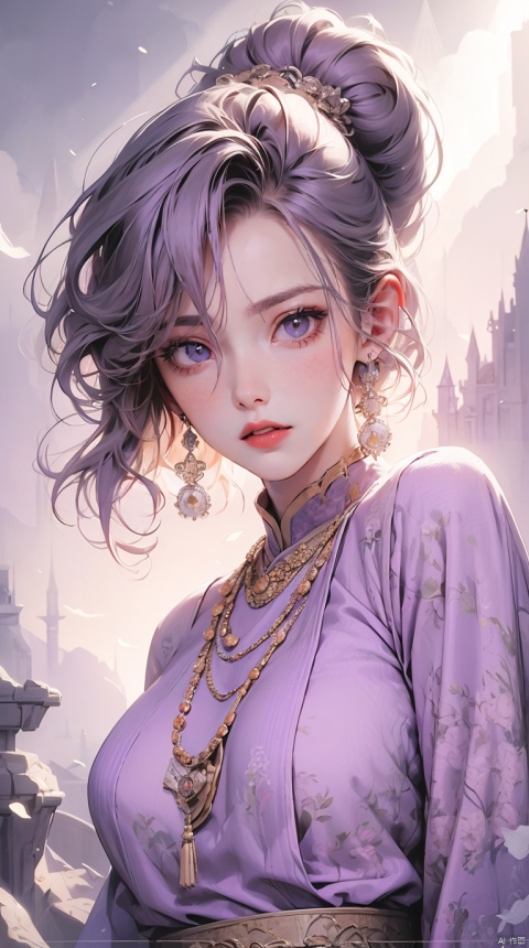 1 beautiful girl in Han costume, Thin purple silk shirt,white colors,The texture is diverse, white lace top, long platinum purple ponytail, hair adornments, ear jewelry, light purple rabbit ears, necklace and necklace, meticulously drawn large purple eyes, meticulous makeup, Thin eyebrows, High nose, lovely red lips, Without smiling, pursed lips, rosycheeks, Wide breasts, Big breasts , well-proportioned bust, Slim waist, purple mesh socks, chinese hanfu style, fictitious art textures, vivid and realistic colors, RAW photos, Realistic photos, ultra high quality 8k surreal photos, (effective fantasy light effect: 1.8), 10x pixel, Magic effects (Background): 1.8), Super detailed eyes, girl body portrait, ancient hanfu background,