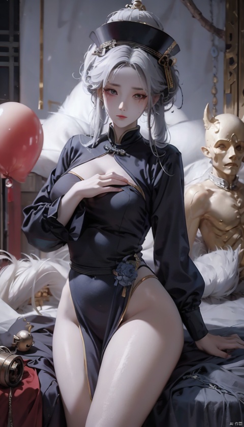  High quality, masterpiece, 1 girl, jiangshi, qing_ Guanmao, no bra,breast curtains,china dress,No underwear,Slender thighs, sexy,photo poses,