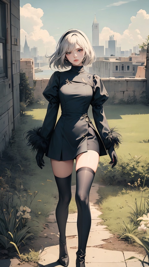 photorealistic, masterpiece, photorealistic, high resolution, soft light, hips up, yorha no. 2 type b, 1girl, black dress, black hairband, blue sky, building, city, cloud, covered eyes, debris, dress, feather-trimmed sleeves, feather trim, gloves, grass, hairband, juliet sleeves, leather, long sleeves, nier \(series\), nier automata, post-apocalypse, puffy sleeves, rubble, ruins, scenery, sky, thighhighs, thighhighs under boots
