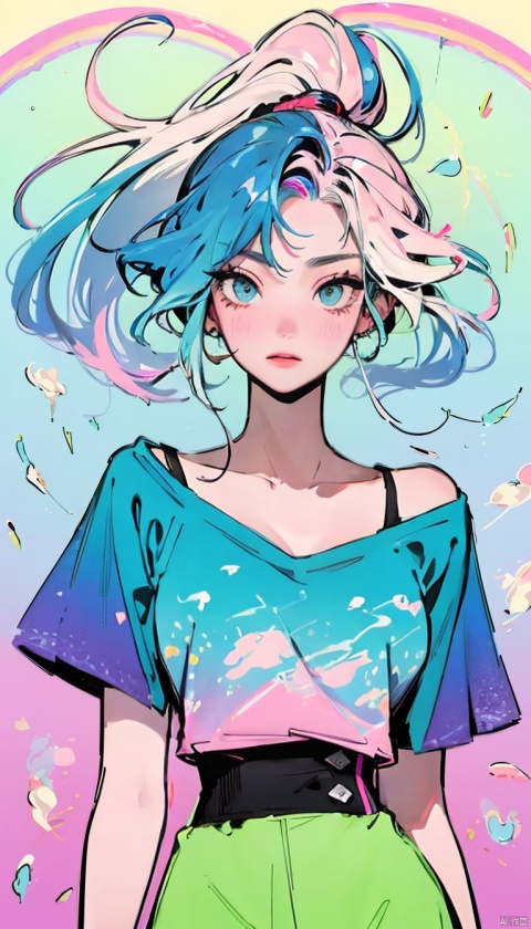 (pink fashion t-shirt: 1.9), (colored hair: 1.8), (all the colors of the rainbow: 1.8), （（（（（ vertical drawing: 1.6 ））））, (painting: 1.6), front, cartoon, illustration, drawing, big, crystal clear eyes, (rainbow-colored gradient high ponytail: 1.7), delicate make-up, shut up, (little freshness: 1.5), (smocked breasts: 1.6), long eyelashes, white strapless t-shirt, white shoulder shirt, looking at the viewer, big watery eyes, (rainbow colored hair: 1.6), splash of color, (solo: 1.8), splash of color, explosion of color, heavy paint style, messy lines, ((glitter)), sexy revealing thong, white wall in the background covered with newspapers and stickers, tiled backdrop, white walls, decorative, neon lights, highest quality, sexy woman, (huge vividly detailed breasts), feminine, symmetrical, highly detailed, billion pixels, fitted, (sharp figure), detailed physique, focal point, gorgeous face,, ridges, absolute cleavage, showing exquisite delicate figure and delicate curves, (beautiful long legs: 1.3), colorful, thick paint style, (splatter) (color splatter), vertical painting, paint splatter Acrylic Paint, Gradient, Paint, Highest Image Quality, Highest Quality, Masterpiece, Solo, Depth of Field, Face Painting, Colorful Clothes, (Elegant: 1.2), Gorgeous, Long Hair, Wind, (Elegant: 1.3), (Petals: 1.4), (((Masterpiece)), (((Best Quality))), ((Ultra Detailed)), (Illustrated), (Dynamic Angle), ((Floating)), ( paint),((tousled hair)),(solo),(1girl),((detailed anima face)),((beautiful detailed face)), collar, bare shoulders, white hair,((colored hair)),((streaked hair)), beautiful detailed eyes,(gradient eyes),((colored eyes)),((colorful background)), ((highly saturated)), ((surrounded by color splatters)), (((colorful backgrounds))), ((highly saturated)), ((surrounded by colorful splatters)), ((surrounded by colorful splatters)), ((surrounded by colorful splatters)), (((surrounded by colorful splatters))), (((surrounded by colorful splatters))), (((surrounded by colorful splatters))), (((surrounded by colorful splatters))), (((surrounded by colorful splatters))), (((surrounded by colorful splatters))), (((surrounded by colorful splatters))), (((surrounded by colorful splatters)), (((surrounded by colorful splatters))) ((surrounded by colorful splashes))), 1 girl,治疗, kpstyle