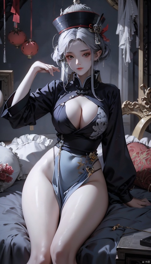  High quality, masterpiece, 1 girl, jiangshi, qing_ Guanmao, no bra,breast curtains,china dress,No underwear,Slender thighs, sexy,photo poses,