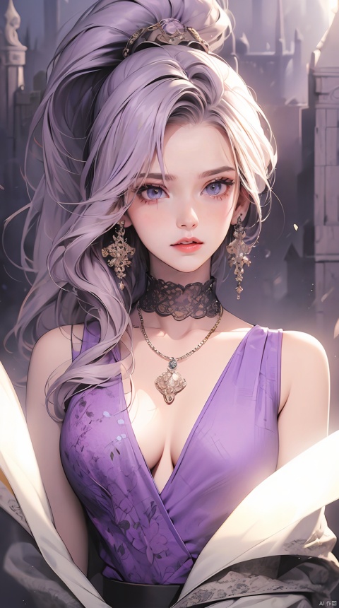 1 beautiful girl in Han costume, Thin purple silk shirt,white colors,The texture is diverse, white lace top, long platinum purple ponytail, hair adornments, ear jewelry, light purple rabbit ears, necklace and necklace, meticulously drawn large purple eyes, meticulous makeup, Thin eyebrows, High nose, lovely red lips, Without smiling, pursed lips, rosycheeks, Wide breasts, Big breasts , well-proportioned bust, Slim waist, purple mesh socks, chinese hanfu style, fictitious art textures, vivid and realistic colors, RAW photos, Realistic photos, ultra high quality 8k surreal photos, (effective fantasy light effect: 1.8), 10x pixel, Magic effects (Background): 1.8), Super detailed eyes, girl body portrait, ancient hanfu background,