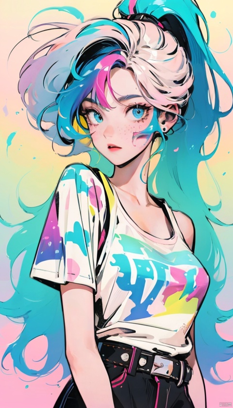 (pink fashion t-shirt: 1.9), (colored hair: 1.8), (all the colors of the rainbow: 1.8), （（（（（ vertical drawing: 1.6 ））））, (painting: 1.6), front, cartoon, illustration, drawing, big, crystal clear eyes, (rainbow-colored gradient high ponytail: 1.7), delicate make-up, shut up, (little freshness: 1.5), (smocked breasts: 1.6), long eyelashes, white strapless t-shirt, white shoulder shirt, looking at the viewer, big watery eyes, (rainbow colored hair: 1.6), splash of color, (solo: 1.8), splash of color, explosion of color, heavy paint style, messy lines, ((glitter)), sexy revealing thong, white wall in the background covered with newspapers and stickers, tiled backdrop, white walls, decorative, neon lights, highest quality, sexy woman, (huge vividly detailed breasts), feminine, symmetrical, highly detailed, billion pixels, fitted, (sharp figure), detailed physique, focal point, gorgeous face,, ridges, absolute cleavage, showing exquisite delicate figure and delicate curves, (beautiful long legs: 1.3), colorful, thick paint style, (splatter) (color splatter), vertical painting, paint splatter Acrylic Paint, Gradient, Paint, Highest Image Quality, Highest Quality, Masterpiece, Solo, Depth of Field, Face Painting, Colorful Clothes, (Elegant: 1.2), Gorgeous, Long Hair, Wind, (Elegant: 1.3), (Petals: 1.4), (((Masterpiece)), (((Best Quality))), ((Ultra Detailed)), (Illustrated), (Dynamic Angle), ((Floating)), ( paint),((tousled hair)),(solo),(1girl),((detailed anima face)),((beautiful detailed face)), collar, bare shoulders, white hair,((colored hair)),((streaked hair)), beautiful detailed eyes,(gradient eyes),((colored eyes)),((colorful background)), ((highly saturated)), ((surrounded by color splatters)), (((colorful backgrounds))), ((highly saturated)), ((surrounded by colorful splatters)), ((surrounded by colorful splatters)), ((surrounded by colorful splatters)), (((surrounded by colorful splatters))), (((surrounded by colorful splatters))), (((surrounded by colorful splatters))), (((surrounded by colorful splatters))), (((surrounded by colorful splatters))), (((surrounded by colorful splatters))), (((surrounded by colorful splatters))), (((surrounded by colorful splatters)), (((surrounded by colorful splatters))) ((surrounded by colorful splashes))), 1 girl,治疗, kpstyle