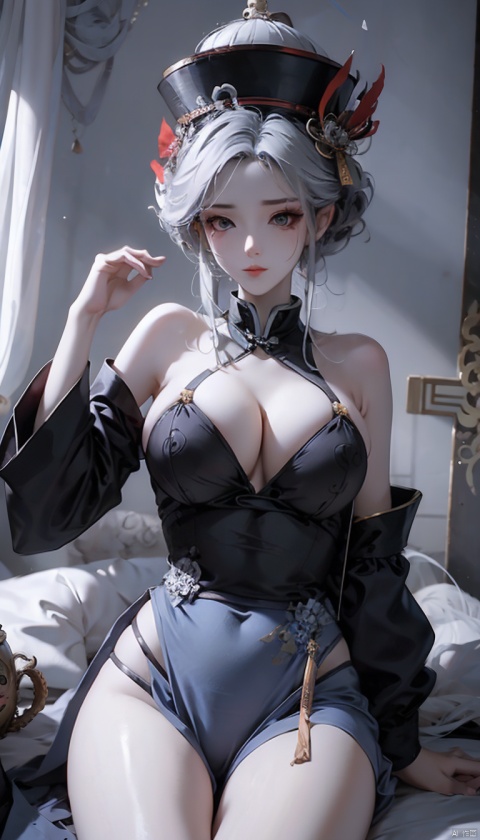  High quality, masterpiece, 1 girl, jiangshi, qing_ Guanmao, no bra,breast curtains,china dress,No underwear,Slender thighs, sexy,photo poses,