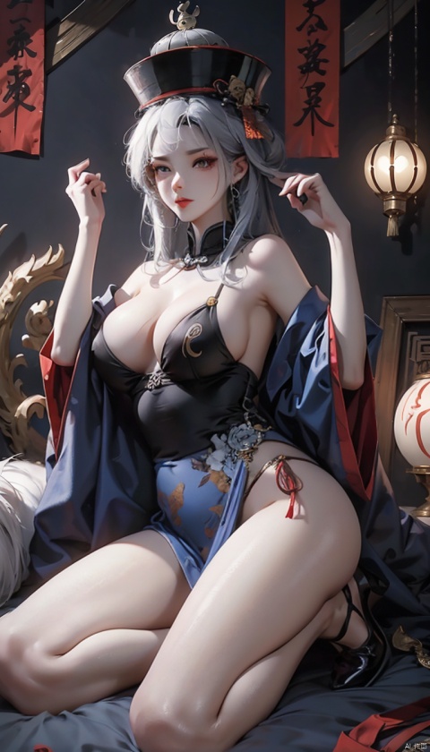  High quality, masterpiece, 1 girl, jiangshi, qing_ Guanmao, no bra,breast curtains,china dress,No underwear,Slender thighs, sexy