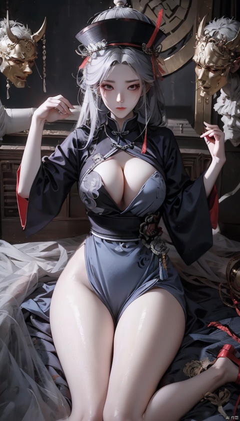  High quality, masterpiece, 1 girl, jiangshi, qing_ Guanmao, no bra,breast curtains,china dress,No underwear,Slender thighs, sexy,photo poses,